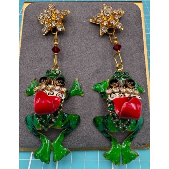 Lunch At The Ritz Dangle Christmas Frog Earrings - Picture 1 of 4